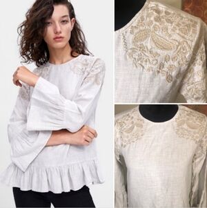 Zara Basic BLOUSE WITH EMBROIDERED SLEEVES Large